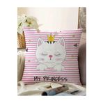 RealHomes My Princess Pembe Çizgiler Üzerinde Taçlı Kedicik Çift Taraflı Raşel Örme Yastık Kılıfı, Sonil-K-5687-55x55cm