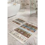 Realhomes Patchwork Geometrik Motifli Krem-Kahverengi 2'Li Kaymaz Taban Yıkanabilir Banyo Paspas Takımı