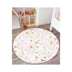 RealHomes Pembe Bulut Desenli Altın Figürlü Çocuk & Genç Odası Yıkanabilir Kaymaz Tabanlı Yuvarlak Kadife Halı HaliYuv-Comfort-976, 90 x 90