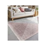 RealHomes Pembe - Gri Zeminde Geometrik Motifli Üçgen Desenli Geometrik Mutfak Banyo Kaymaz Taban Saçaklı Halı HaliDik-Deluxe-11890, 80 x 250
