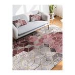 RealHomes Pembe Gri Zeminde Mozaik Motifli Geometrik Desenli Geometrik Oturma Odası Kaymaz Taban Saçaklı Halı HaliDik-Deluxe-12347, 80 x 120