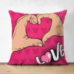 RealHomes Pembe Love Popart Tasarımlı Çift Taraflı Dijital Baskılı Süet Yastık Kırlent Kılıfı