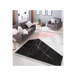 RealHomes Pembe Siyah Zemin Mermer Motifli Geometrik Desenli Geometrik Banyo Mutfak Kaymaz Taban Saçaklı Halı HaliDik-Deluxe-12026, 80 x 300