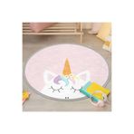 RealHomes Pembe Zeminde Unicorn Desenli Tasarımlı Çocuk Odası Kaymaz Tabanlı Püsküllü Yuvarlak Çocuk Halısı HaliYuv-Deluxe-4314, 100 x 100