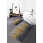 RealHomes Real Homes 2'li Gold - Gri Zeminde Altın Motifli Kanvas Desenli Klasik Modern 2'li Banyo & Mutfak Paspas Takımı