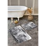 RealHomes Real Homes 2'li Gri Zeminde Karakalem Motifli Kanvas Desenli Vintage Klasik 2'li Banyo & Mutfak Paspas Takımı