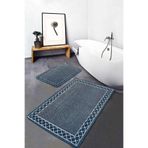 RealHomes Real Homes 2'li Mavi Zeminde Çerçeveli Motifli Örgü Desenli Klasik Geometrik 2'li Banyo & Mutfak Paspas Takımı