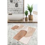RealHomes Real Homes 2'li Set Kahverengi - Krem Zeminde Geometrik Motifli Kanvas Bohem Modern 2'li Banyo Paspas Takımı