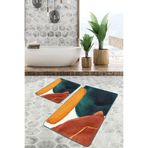 RealHomes Real Homes 2'li Set Sarı Lacivert Zeminde Tablo Motifli Abstract Desenli Bohem Modern 2'li Banyo Paspas Takımı