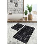 RealHomes Real Homes 2'li Set Siyah Beyaz Zeminde Siyah Motifli Kilim Desenli Sade & Şık Klasik 2'li Banyo Paspas Takımı