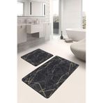 RealHomes Real Homes 2'li Set Siyah - Gold Zeminde Çerçeveli Motifli Mermer Geometrik Klasik 2'li Banyo Paspas Takımı