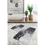 RealHomes Real Homes 2'li Set Siyah - Gri Zeminde Mozaik Motifli Mermer Desenli Geometrik Klasik 2'li Banyo Paspas Takımı