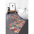 RealHomes Real Homes Çok Renkli Zeminde Patchwork Motifli Geleneksel Geometrik Klasik 2'li Banyo & Mutfak Paspas Takımı
