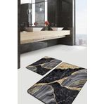 RealHomes Real Homes Gold - Siyah Zeminde Mermer Motifli Modern Sanat Sade & Şık Klasik 2'li Banyo & Mutfak Paspas Takımı