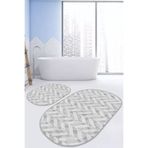 RealHomes Real Homes Gri Mermer Motifli Ebru Desenli Dijital Baskılı 2'li Oval Kaymaz Tabanlı Banyo & Mutfak Paspas Seti