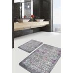 RealHomes Real Homes Gri - Mor Zeminde Geometrik Motifli Kanvas Geometrik Eskitme Motifli 2'li Banyo Mutfak Paspas Takımı