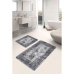 RealHomes Real Homes Gri - Siyah Zeminde Çerçeveli Motifli Antik Desenli Eskitme Motifli Vintage 2'li Banyo Paspas Takımı