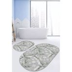 RealHomes Real Homes Gri Zemin Çam Yaprakları Kar Taneleri Özel Tasarım 2'li Oval Kaymaz Taban Banyo & Mutfak Paspas Seti