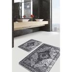 RealHomes Real Homes Gri Zeminde Etnik Motifli Antik Desenli Vintage Eskitme Motifli 2'li Banyo & Mutfak Paspas Takımı