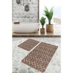 RealHomes Real Homes Kahverengi - Beyaz Zeminde Geometrik Motifli Etnik Geometrik Vintage 2'li Banyo Mutfak Paspas Takımı