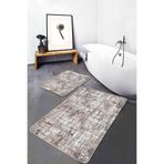 RealHomes Real Homes Kahverengi - Beyaz Zeminde Kareli Motifli Dokuma Eskitme Motifli Vintage 2'li Banyo Paspas Takımı