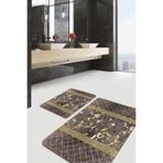 RealHomes Real Homes Kahverengi - Gold Zeminde Mermer Motifli Eskitme Geometrik Klasik 2'li Banyo & Mutfak Paspas Takımı