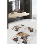 RealHomes Real Homes Kahverengi - Gri Zeminde Altıgen Motifli Post Geometrik Sade & Şık 2'li Banyo & Mutfak Paspas Takımı