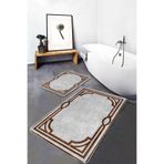 RealHomes Real Homes Kahverengi - Gri Zeminde Çerçeveli Motifli Klasik Desenli Vintage Geometrik 2'li Banyo Paspas Takımı