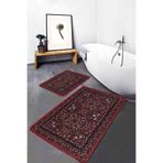 RealHomes Real Homes Kahverengi Kırmızı Zeminde Uşak Motifli El Dokuma Avangarde Vintage 2'li Banyo Mutfak Paspas Takımı