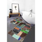 RealHomes Real Homes Kahverengi Zeminde Patchwork Motifli Etnik Vintage Eskitme Motifli 2'li Banyo & Mutfak Paspas Takımı
