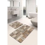 RealHomes Real Homes Kahverengi Zeminde Patchwork Motifli Yöresel Etnik Motifler Klasik 2'li Banyo & Mutfak Paspas Takımı