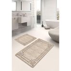 RealHomes Real Homes Krem Kahverengi Zeminde Çerçeveli Motifli Dokuma Avangarde Geometrik 2'li Banyo Mutfak Paspas Takımı