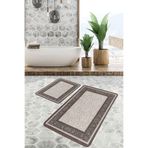RealHomes Real Homes Krem - Kahverengi Zeminde Çerçeveli Motifli Geleneksel Vintage Avangarde 2'li Banyo Paspas Takımı