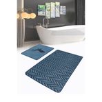 RealHomes Real Homes Lacivert Ebru Sanatı Çizimli Geyik Motifli 2'li Banyo Halı Takımı & Klozet Paspas Seti