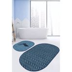 RealHomes Real Homes Lacivert Ebru Sanatı Çizimli Geyik Motifli 2'li Oval Banyo Halı Takımı & Klozet Paspas Seti