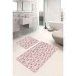 RealHomes Real Homes Pembe Zeminli Çam Yaprakları Özel Tasarım 2'li Kaymaz Tabanlı Banyo & Mutfak Paspas Takımı