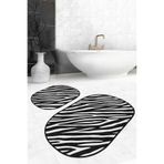 RealHomes Real Homes Siyah Beyaz Zebra Desen Motifli 2'li Oval Kaymaz Tabanlı Banyo & Mutfak Paspas Takımı