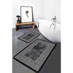 RealHomes Real Homes Siyah - Beyaz Zeminde Çerçeveli Motifli Eskitme Desenli Geometrik Avangarde 2'li Banyo Paspas Takımı