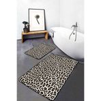 RealHomes Real Homes Siyah - Kahverengi Zeminde Leopar Motifli Deri Klasik Sade & Şık 2'li Banyo & Mutfak Paspas Takımı