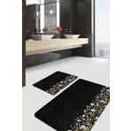 RealHomes Real Homes Siyah Zemin Gold Detaylı Çiçekler Dijital Baskılı 2'li Kaymaz Tabanlı Banyo & Mutfak Paspas Takımı