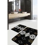 RealHomes Real Homes Siyah Zeminde Kilim Motifli Geometrik Desenli Vintage Geometrik 2'li Banyo & Mutfak Paspas Takımı