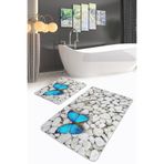 RealHomes Real Homes Taş Zemin Mavi Kelebel Dijital Baskılı 2'li Kaymaz Tabanlı Banyo & Mutfak Paspas Takımı