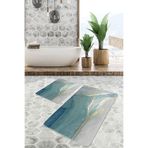 RealHomes Real Homes Turkuaz Zeminde Mermer Motifli Altın Desenli Modern Sade & Şık 2'li Banyo & Mutfak Paspas Takımı