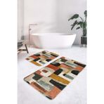 Realhomes Retro Geometrik Desenli Turuncu-Siyah 2'Li Kaymaz Taban Yıkanabilir Banyo Paspas Seti