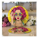 RealHomes Sarı Zeminli Pop Art Girl Desenli Modern 2 1 Yuvarlak Servis Altlığı Supla