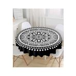 RealHomes Siyah Beyaz Çiçek Desenli Mandala Motifli Yuvarlak Masa Örtüsü - Çap 140cm, MasaYuv-5138-140x140cm
