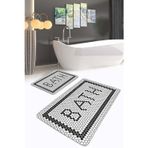 Realhomes Siyah Beyaz Mozaik Bath Yazılı Modern 2'Li Kaymaz Taban Yıkanabilir Banyo Paspas Takımı