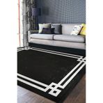 RealHomes Siyah - Beyaz Zeminde Çerçeveli Motifli Desenli Avangarde Geometrik Oturma Odası Ofis Saçaklı Halı HaliDik-Deluxe-11981, 150 x 150