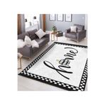 RealHomes Siyah Beyaz Zeminde Çerçeveli Motifli Home Yazılı Desenli Salon & Oturma Odası Mutfak Saçaklı Halı HaliDik-Deluxe-11577, 60 x 120