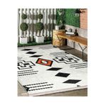 RealHomes Siyah - Beyaz Zeminde Geometrik Motifli Kilim Desenli Geometrik Vintage Kaymaz Taban Saçaklı Halı HaliDik-Deluxe-12072, 80 x 400